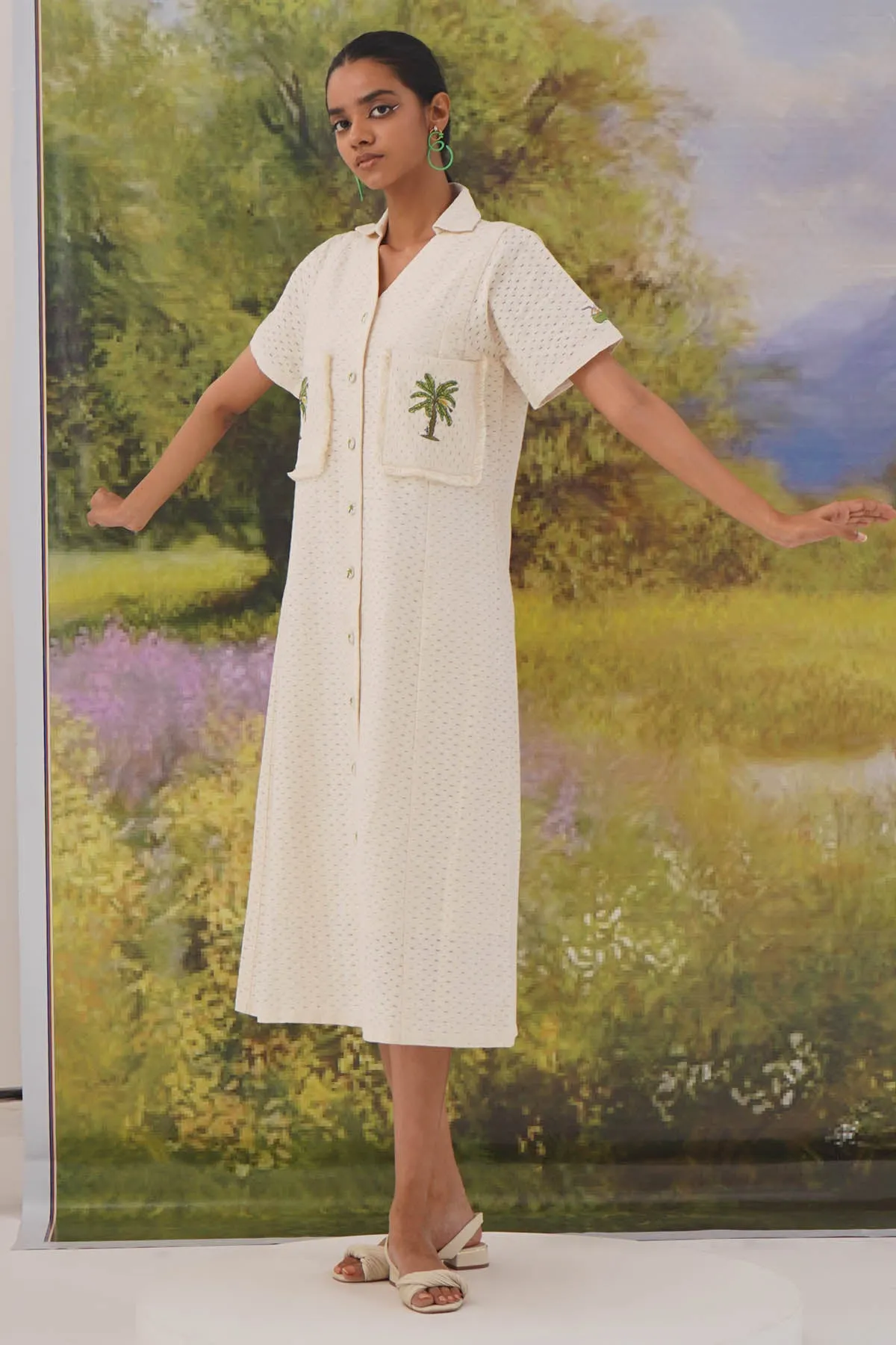 Beige Cotton Knit Shirt Dress