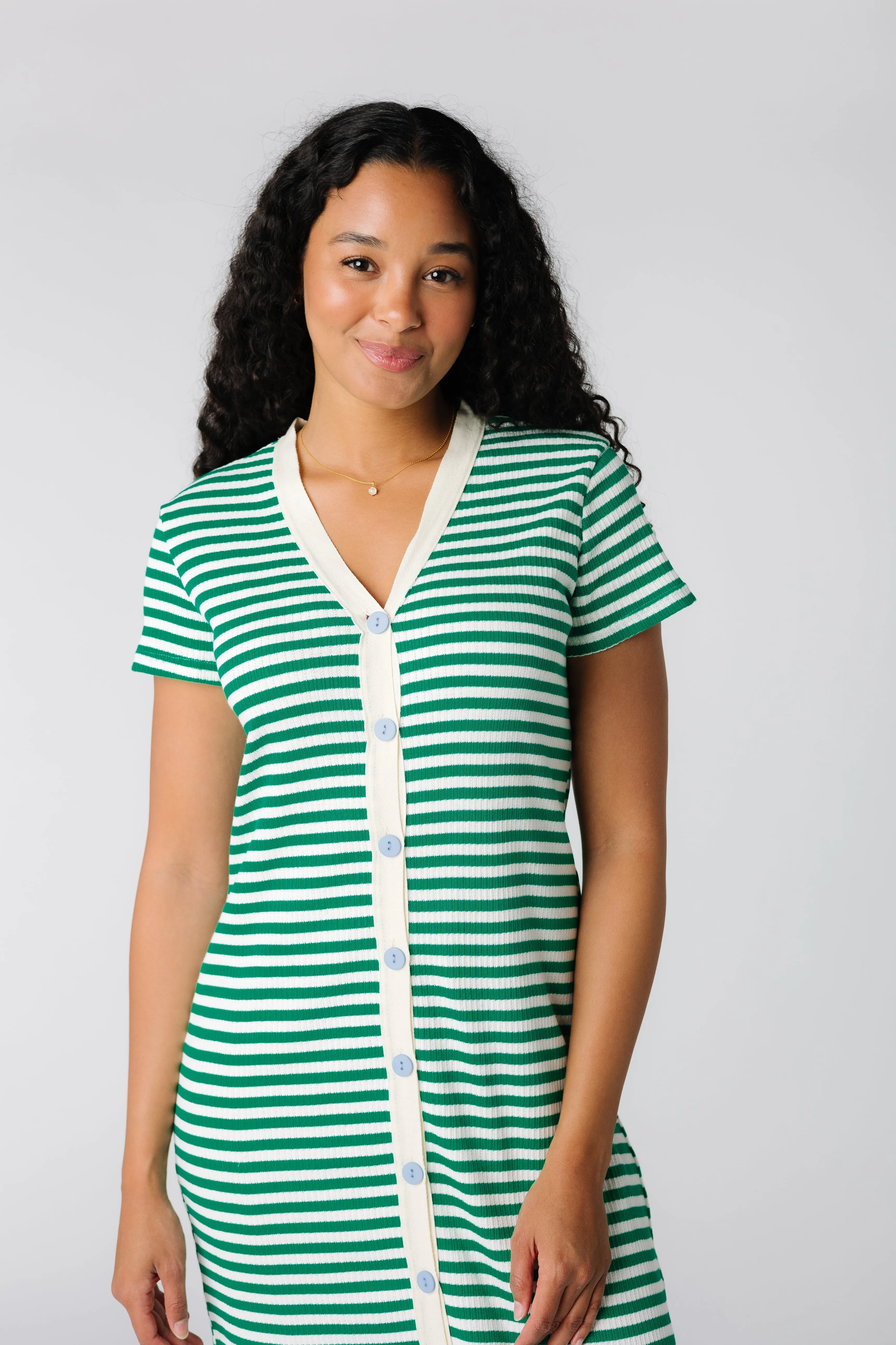 Brass & Roe Textured Button Down-Extended Buttons Dress