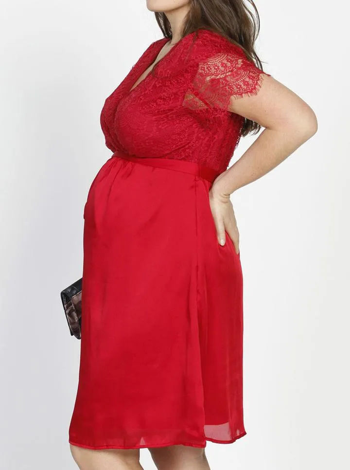 Isobel Maternity Mid Length Lace Party Dress - Red