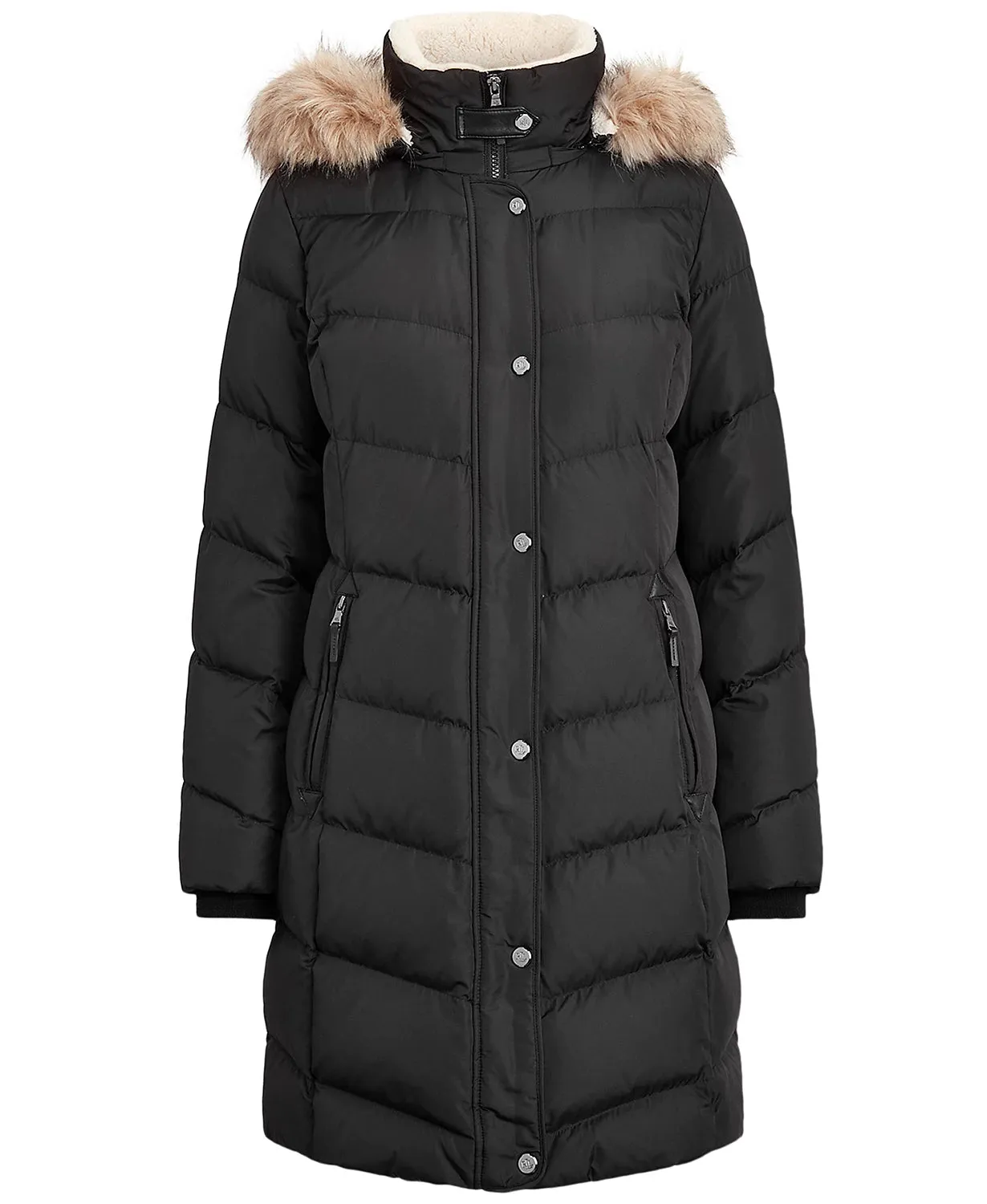 Lauren Ralph Lauren Women's Faux-Fur-Trim Hooded Down Puffer Coat  Color Black Size S