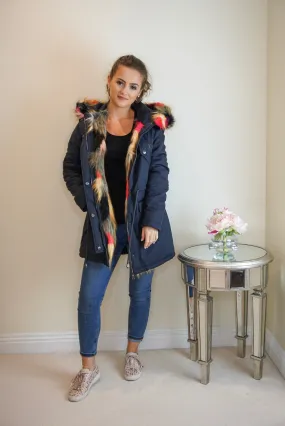 Multi Coloured Faux Fur Parka Coat