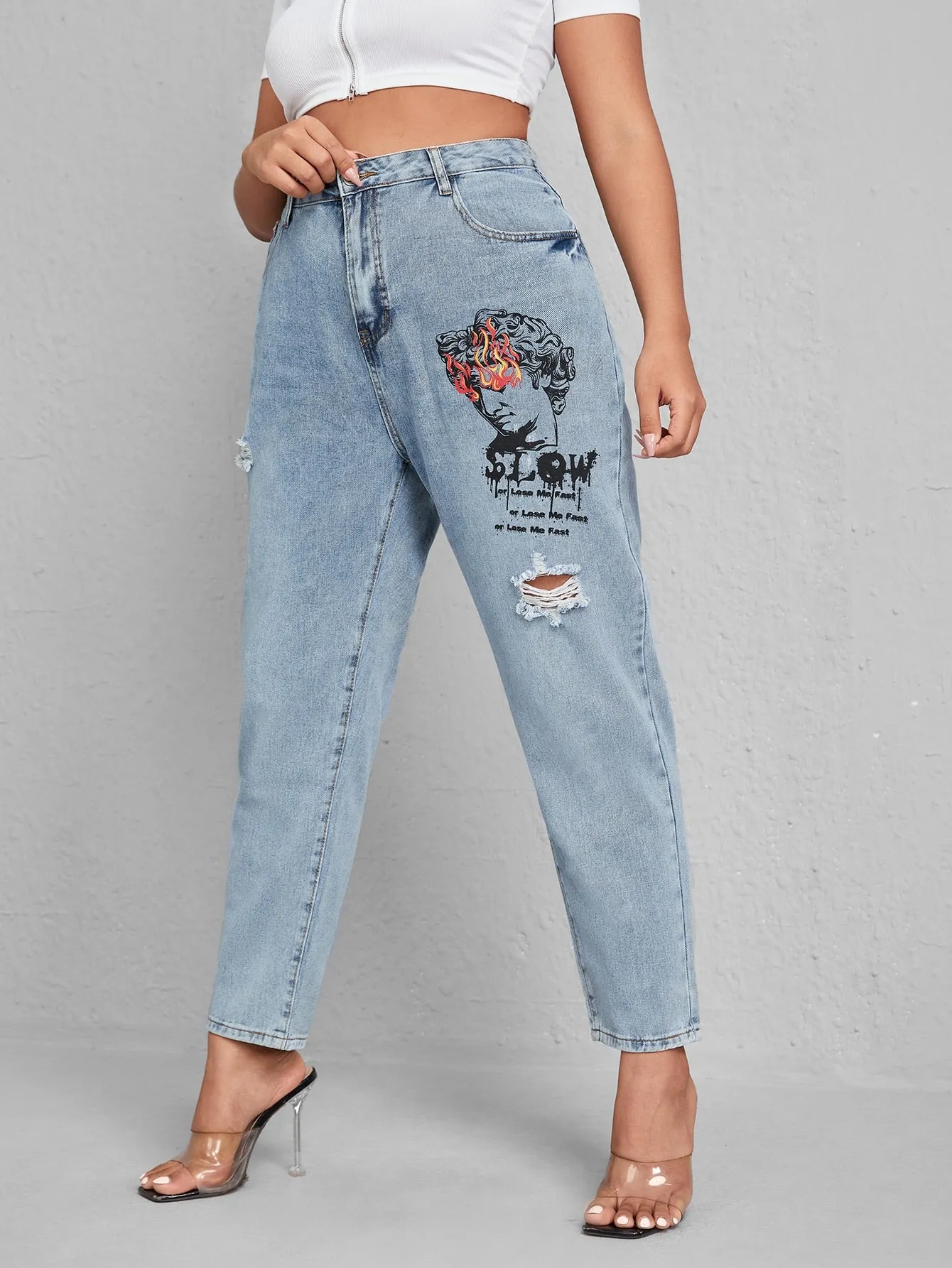 Slogan Zipper High Waist Long Plus Size Jeans