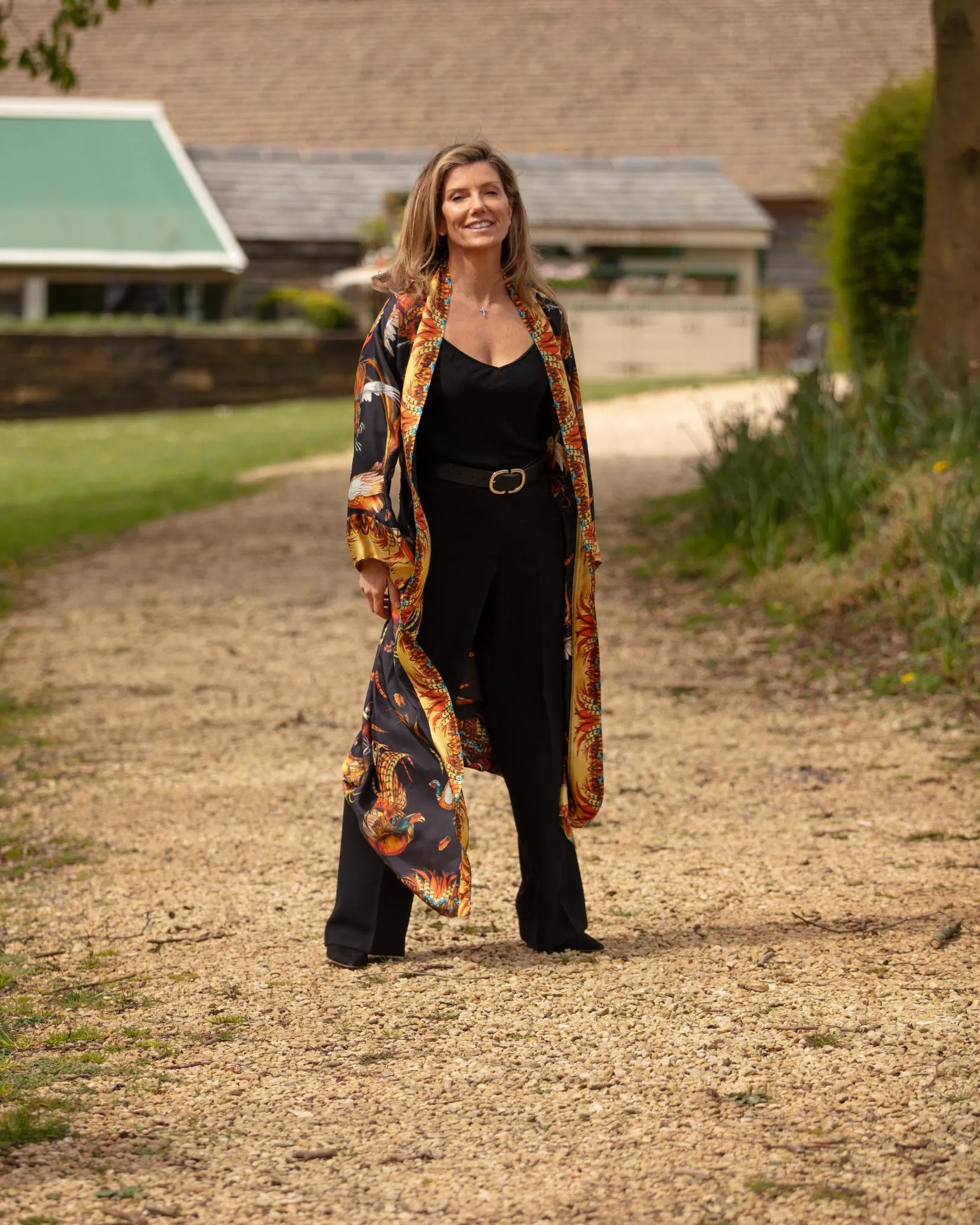 Turf War Long Silk Pheasant Kimono in Black and Gold