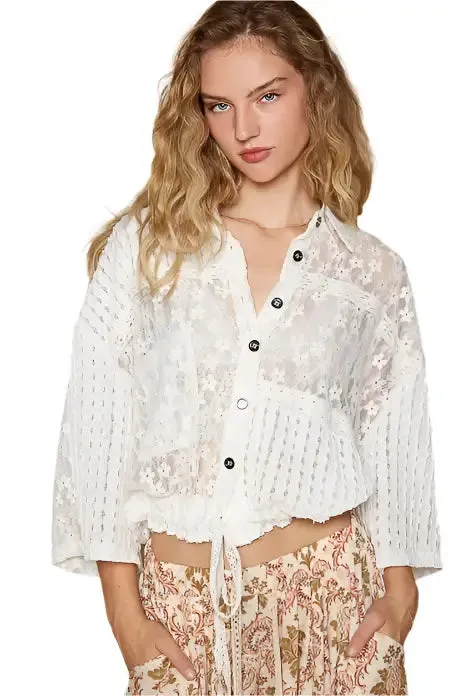Vintage Lace Cropped Jacket Top - Off White