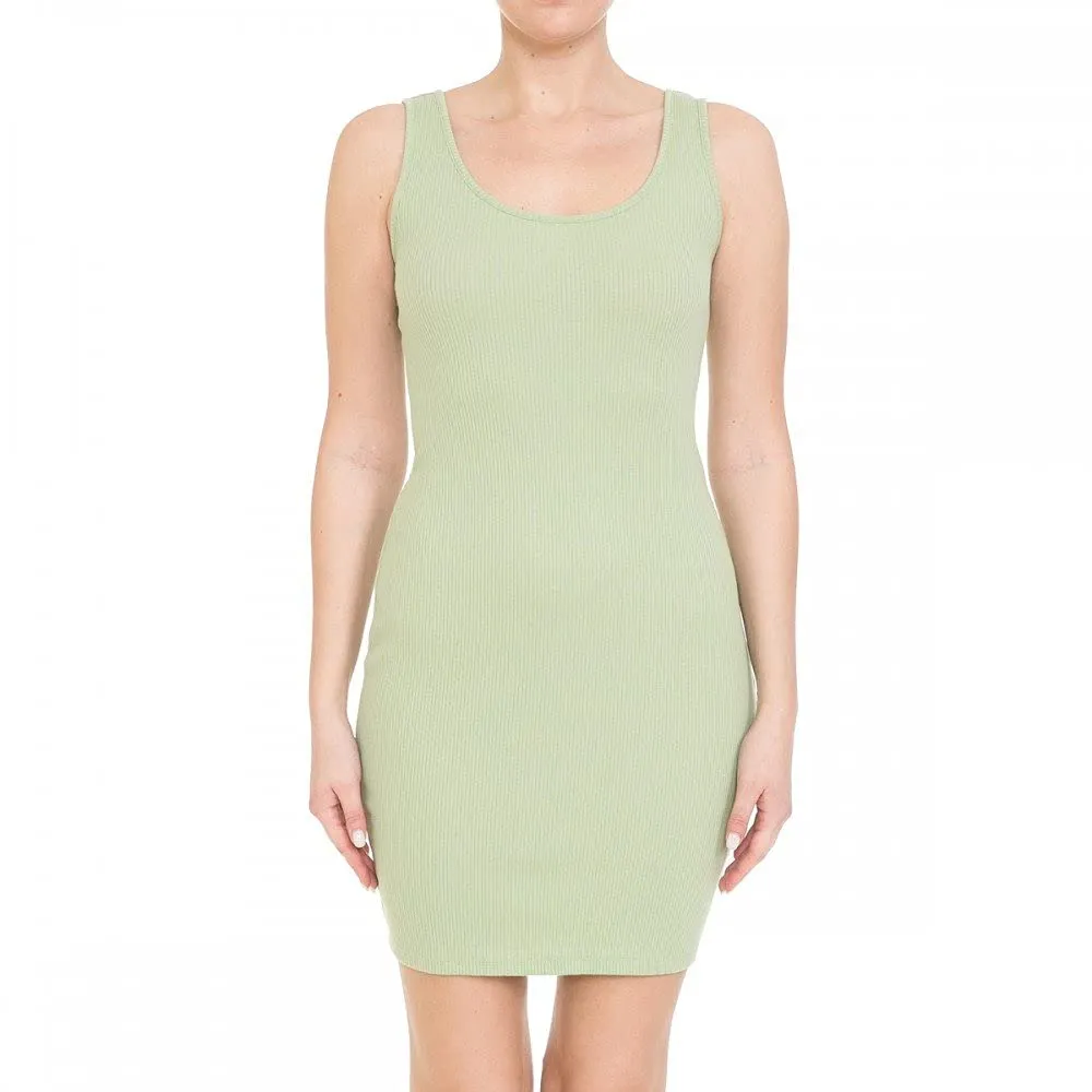 Womens- Basic Mini Ribbed Knit Scoop Neck Sleeveless Midi Body Con Dress