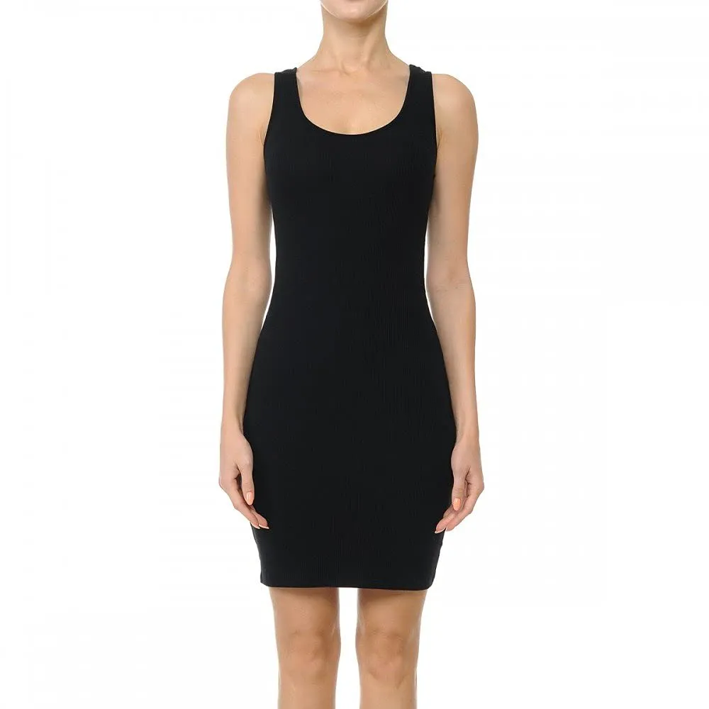 Womens- Basic Mini Ribbed Knit Scoop Neck Sleeveless Midi Body Con Dress