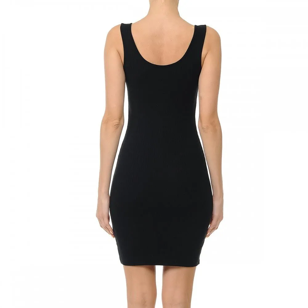 Womens- Basic Mini Ribbed Knit Scoop Neck Sleeveless Midi Body Con Dress